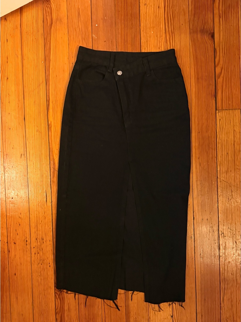 Black Demi Midi Pencil Skirt with Front Slit + Asymmetric Waist